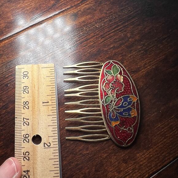 VTG Cloisonné Enamel Hair Gold Tone Comb Butterfly Flowers Red Yellow Green Blue - Picture 6 of 7